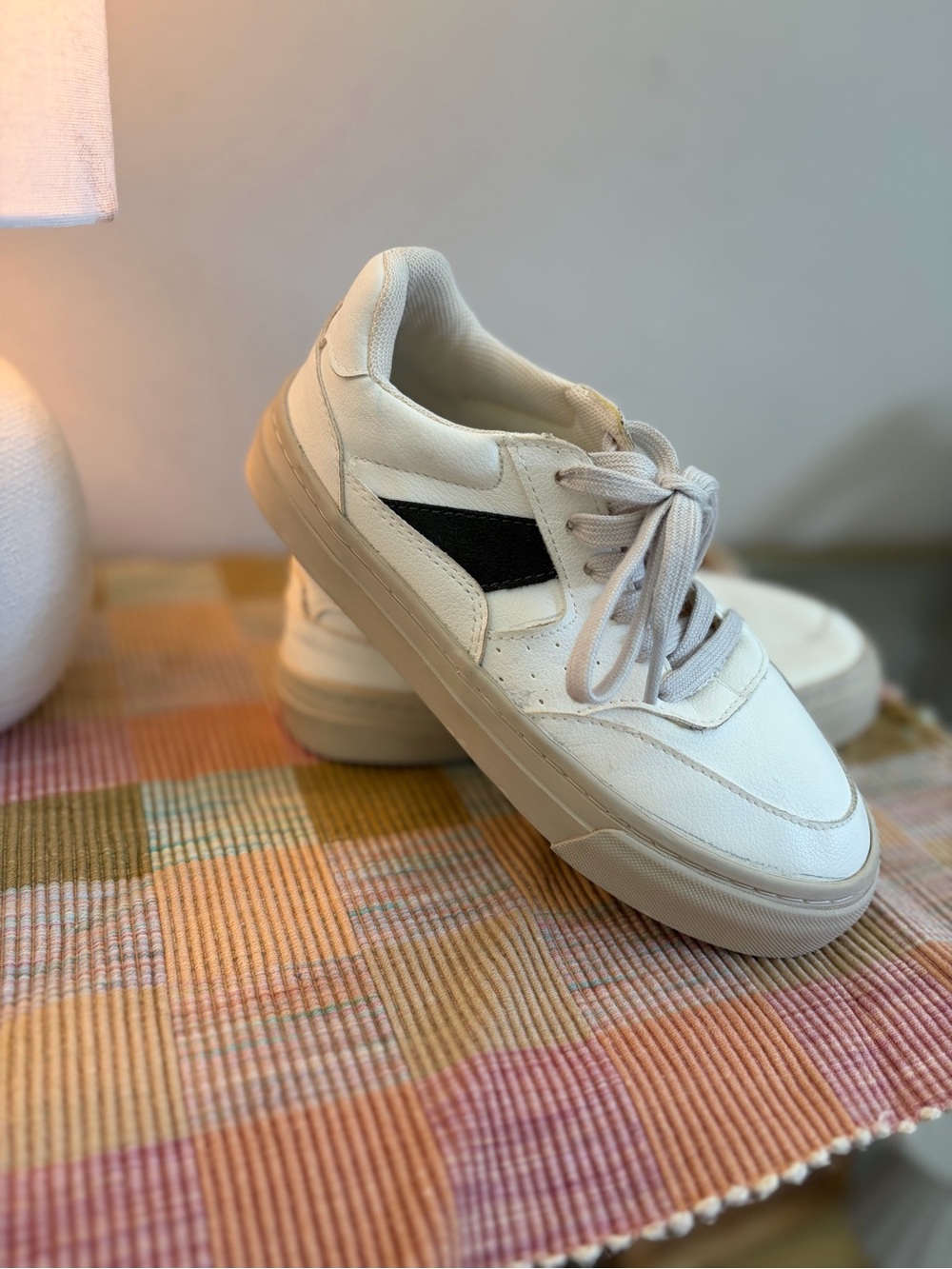Zara White Kids Lace-Up Sneakers with Black Side Accent